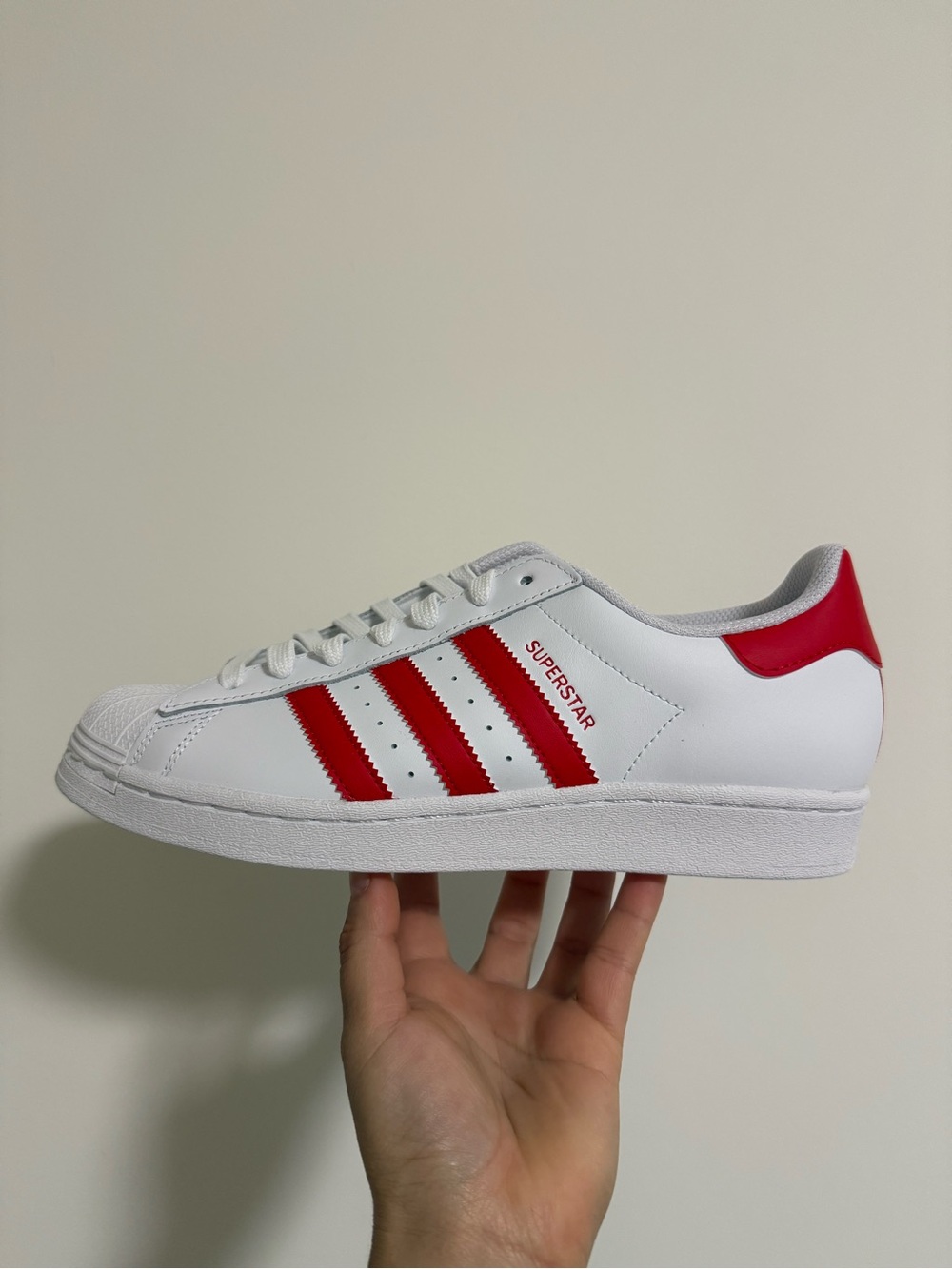 adidas Superstar White Sneaker with Red Stripes size 8.5